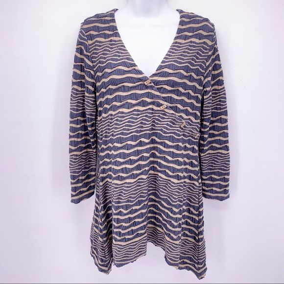 Tianello Paige Navy Tan Textured Stripe Knit Asymmetric Tunic Top Blouse… - Picture 1 of 8